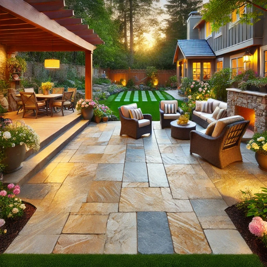 Here's an 8-word alt tag for the image: Luminous backyard patio with stone pavers and furniture.