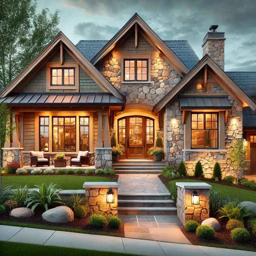 Illuminated stone house, inviting entryway.